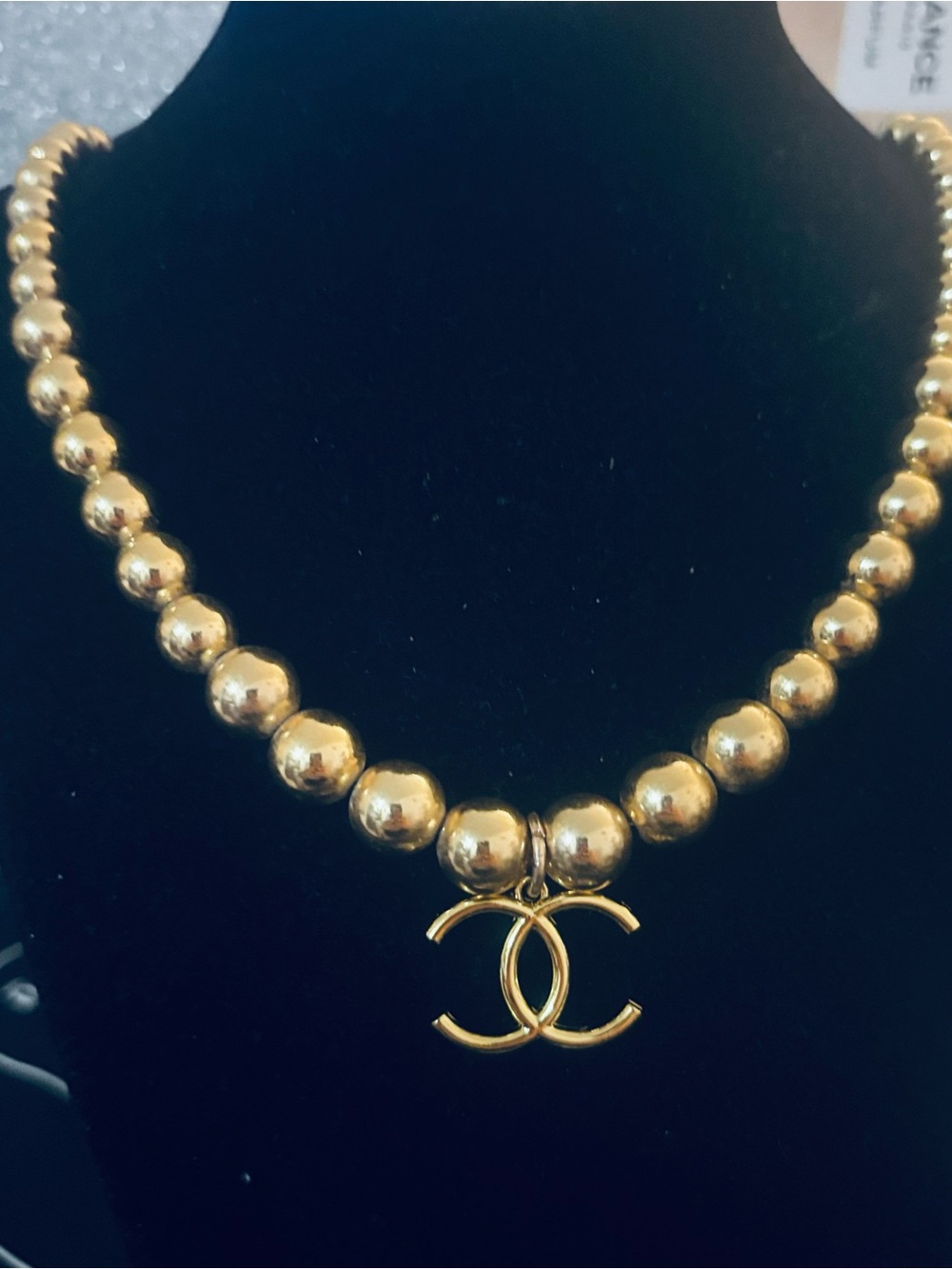 24” Vintage Napier Gold Bead Choker Necklace Logo Inspired Pendant